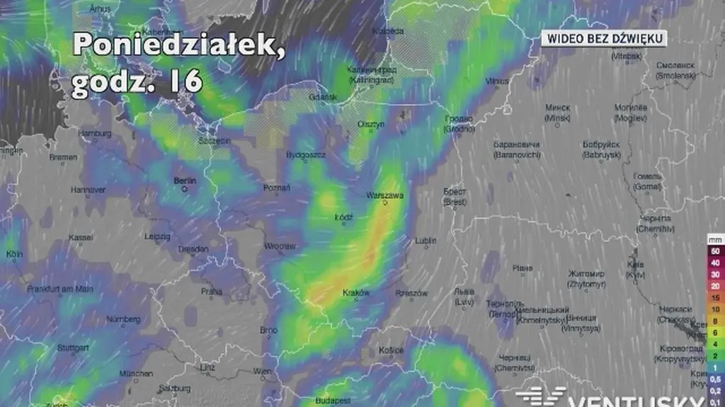 Prognozowane opady deszczu w najbliższych dniach (Ventusky
