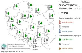 Prognoza średniej miesięcznej temperatury powietrza i miesięcznej sumy opadów atmosferycznych na luty 2022 r. dla wybranych miast w Polsce