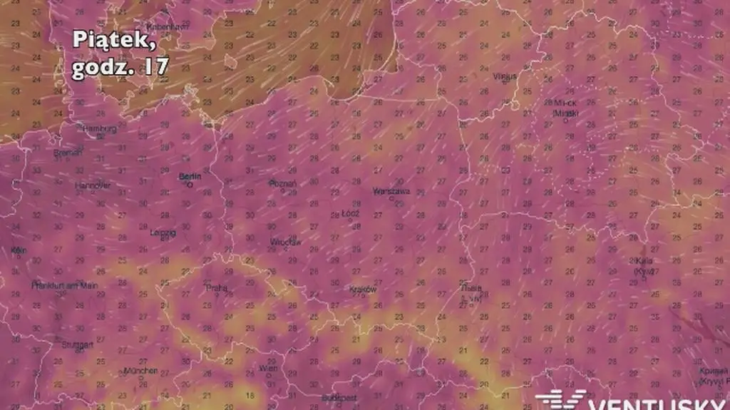 Temperatura w ciągu najbliższych pięciu dni (Ventusky