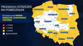 Prognoza zagrożeń IMGW na poniedziałek