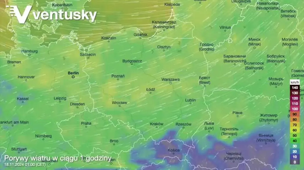 Prognozowane porywy wiatru w kolejnych dniach
