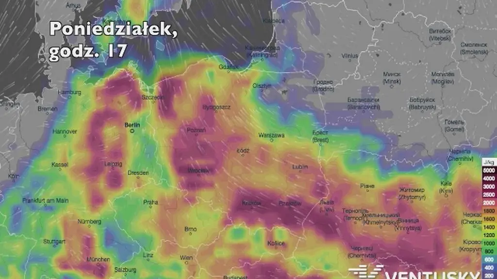 Potencjalne burze w ciągu kolejnych pięciu dni (Ventusky