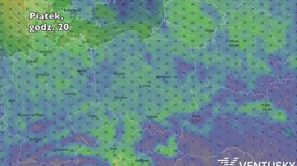 Porywy wiatru w ciągu najbliższych siedmiu dniu (Ventusky