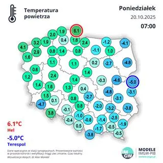 Temperatura powietrza w Polsce o godzinie 7 w poniedziałek 20.10