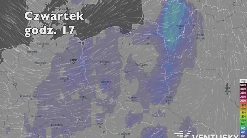 Prognozowane miejsca przejścia burz (Ventusky