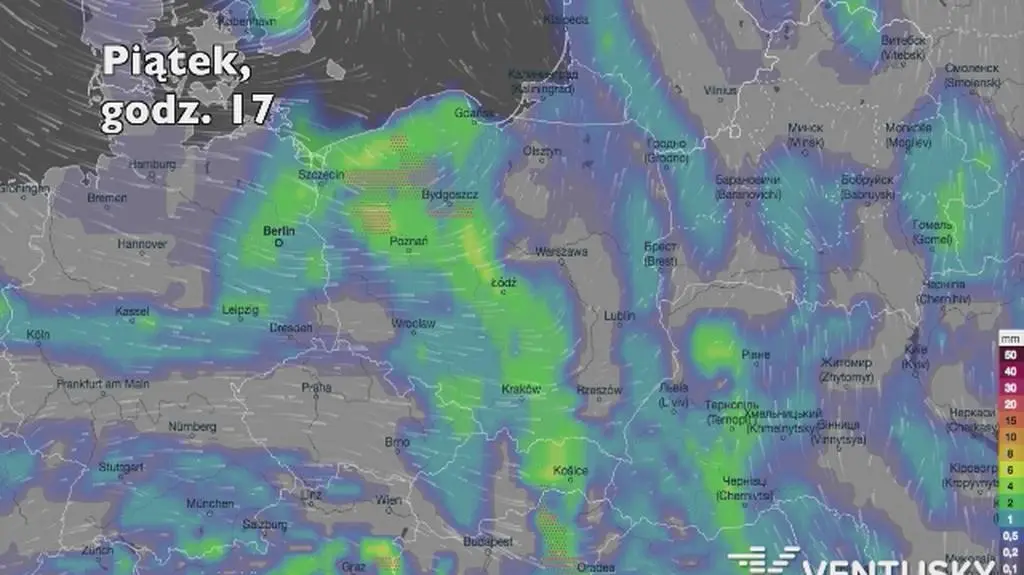 Potencjalne opady deszczu w kolejnych dniach (Ventusky