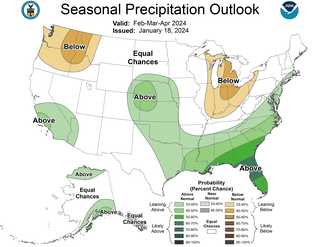 Prognoza anomalii opadów w USA na okres od marca do maja 2024
