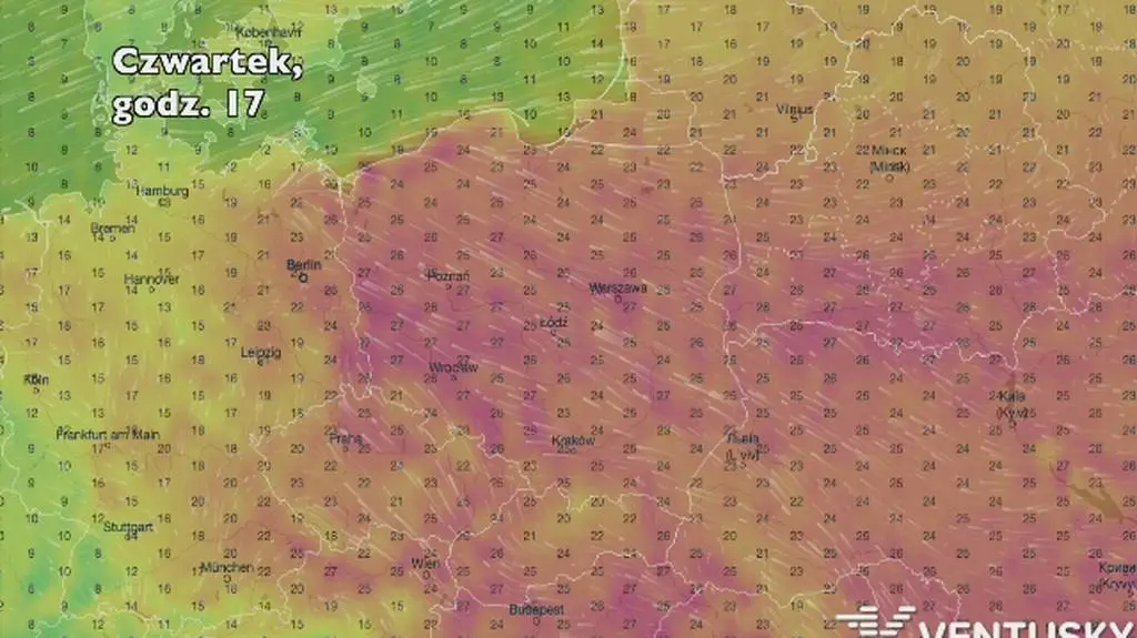 Temperatura w ciągu najbliższych pięciu dni (Ventusky
