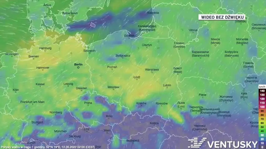 Prognozowane porywy wiatru na 5 dni