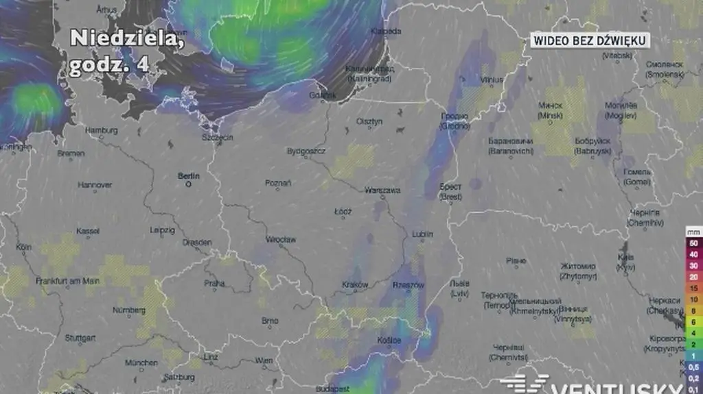 Prognozowane opady w najbliższych dniach (Ventusky