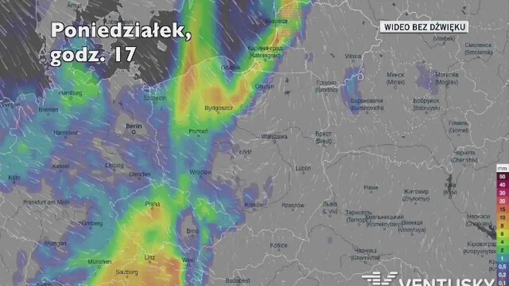 Prognozowana ilość opadów w ciągu kolejnych dni (Ventusky