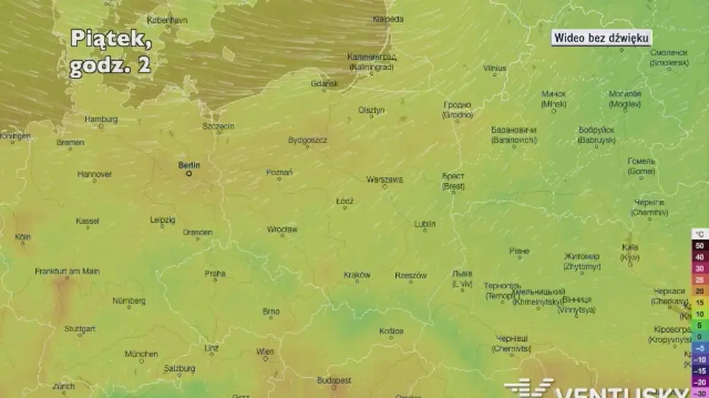 Prognozowana temperatura w następnych dniach (Ventusky