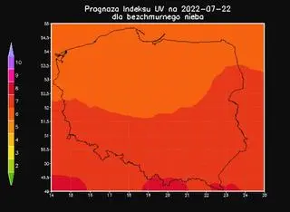 Prognoza indeksu UV na 22 lipca dla bezchmurnego nieba