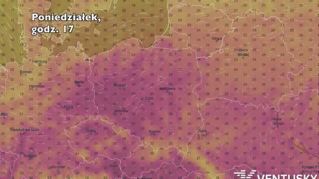 Temperatura w ciągu najbliższych pięciu dni (Ventusky