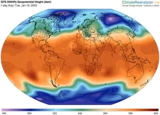 Wir polarny nad Syberią z dnia 10 stycznia. Fioletowo-różowa plama to słaby niż przy ziemi, który przechodzi na wysokości 5 km w mocniej wykształcony wir. Model GFS.
