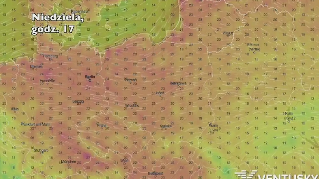 Temperatura w ciągu najbliższych pięciu dni (Ventusky