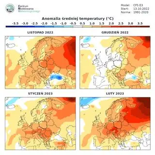 Anomalia średniej temperatury listopad 2022 - luty 2023