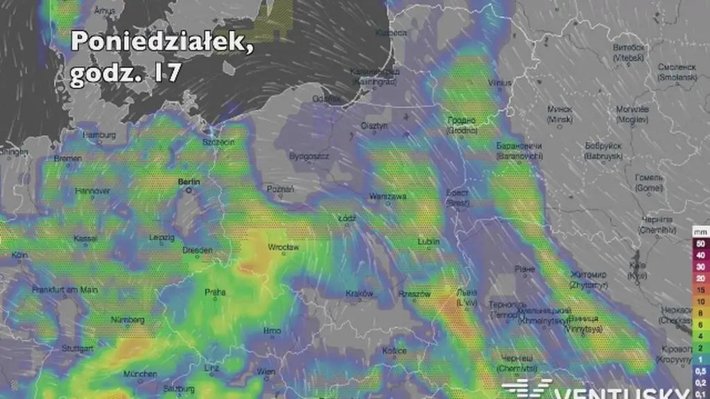 Opady deszczu w ciągu najbliższych pięciu dni (Ventusky