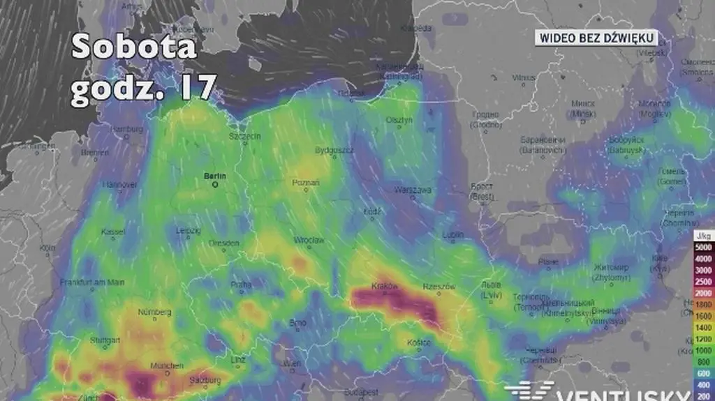 Potencjalny rozwój burz w ciągu najbliższych dni (Ventusky