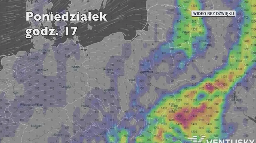 Potencjalne miejsce wystąpienia burz w poniedziałek (Ventusky
