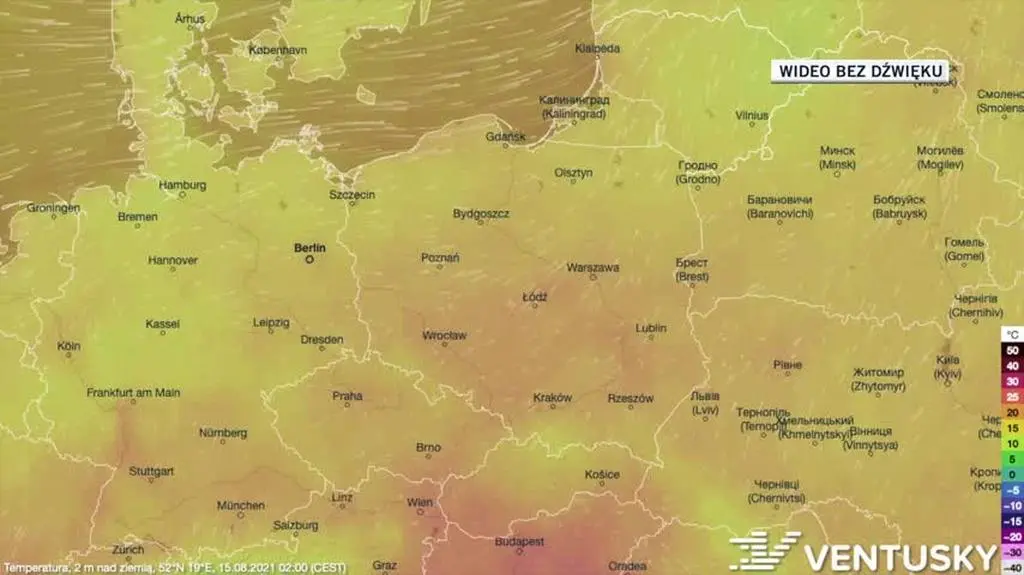 Prognozowana temperatura w ciągu kolejnych dni (Ventusky)