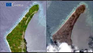 Wyspa Tongatapu 8 grudnia 2021 (przed erupcją) i 17 stycznia 2022 (po erupcji)