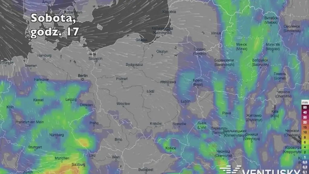 Opady deszczu w ciągu kolejnych pięciu dniu (Ventusky