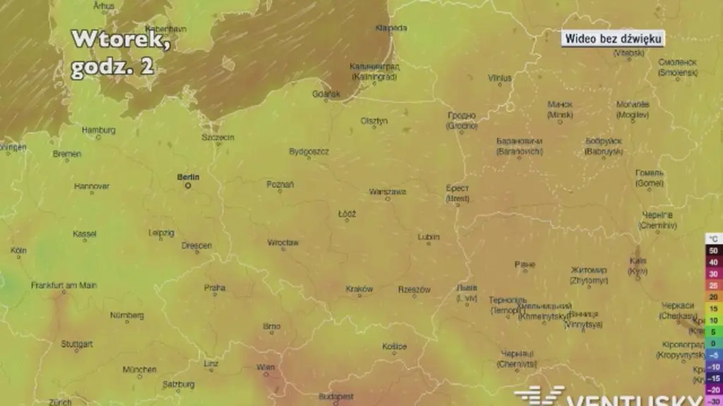 Prognozowana temperatura w następnych dniach (Ventusky