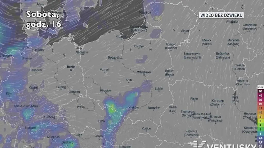 Opady deszczu w kolejnych dniach (Ventusky