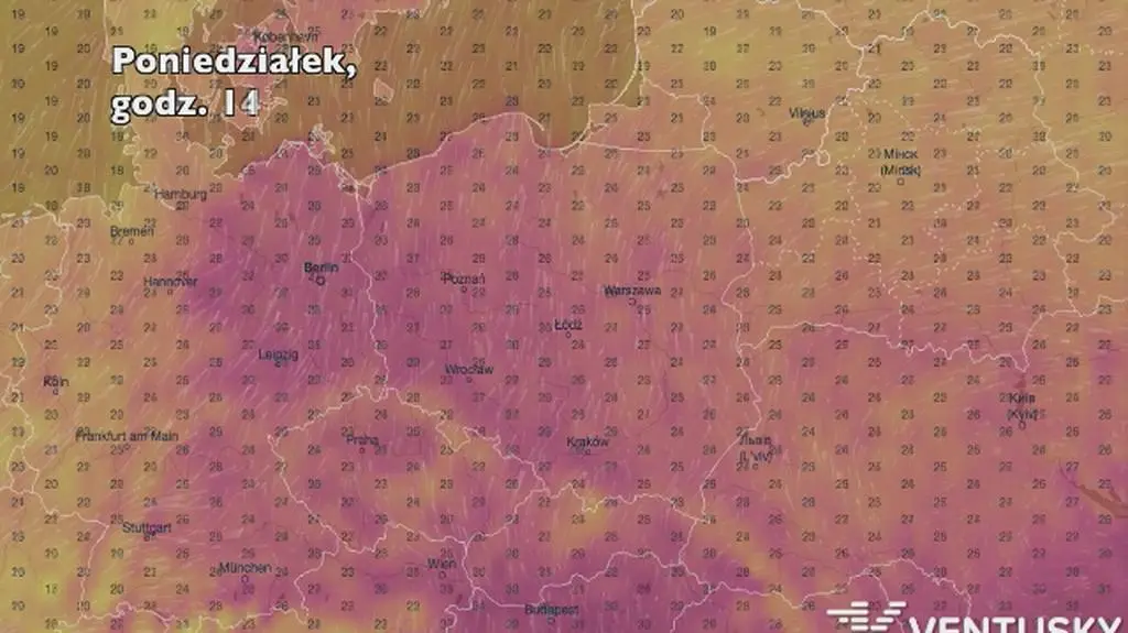 Temperatura w ciągu najbliższych pięciu dni (Ventusky
