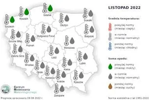 Prognoza średniej miesięcznej temperatury powietrza i miesięcznej sumy opadów atmosferycznych na listopad 2022 roku dla wybranych miast w Polsce
