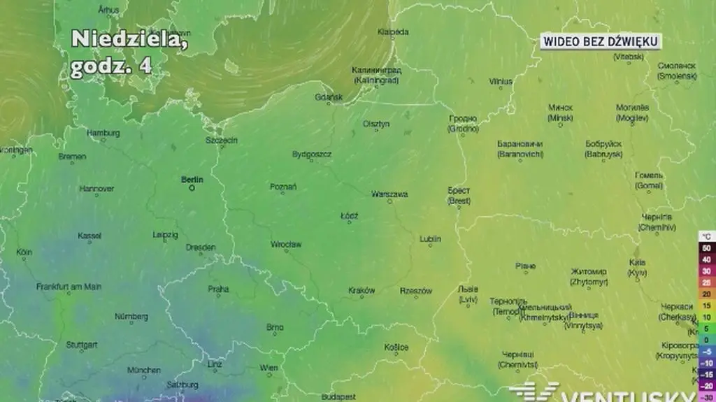 Prognozowana temperatura w następnych dniach (Ventusky