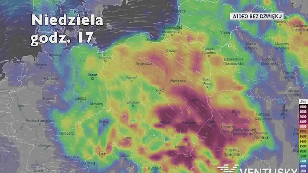 Potencjalny rozwój burz w kolejnych dniach (Ventusky