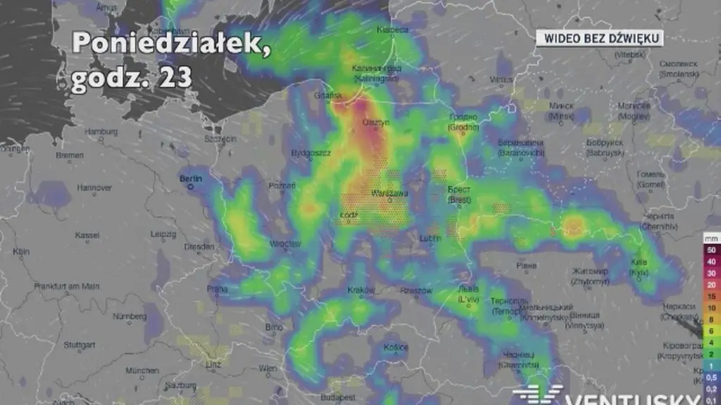 Opady deszczu w ciągu kolejnych pięciu dniu (Ventusky
