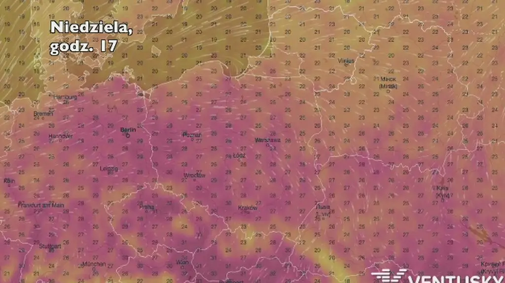 Temperatura w ciągu najbliższych pięciu dniu (Ventusky