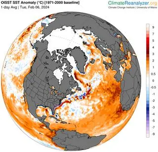 Odchylenie temperatury wód powierzchniowych Północnego Atlantyku od średniej z wielolecia 1971-2000