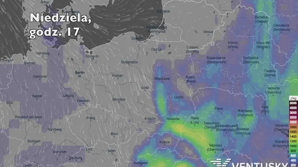 Potencjalne burze w ciągu kolejnych dni (Ventusky