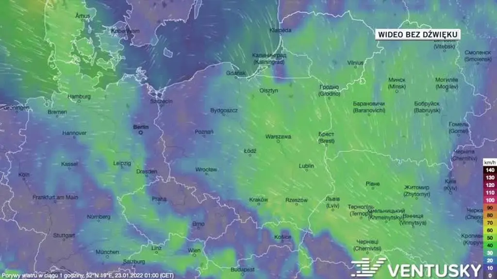 Prognozowane porywy wiatru w dniach 23-27