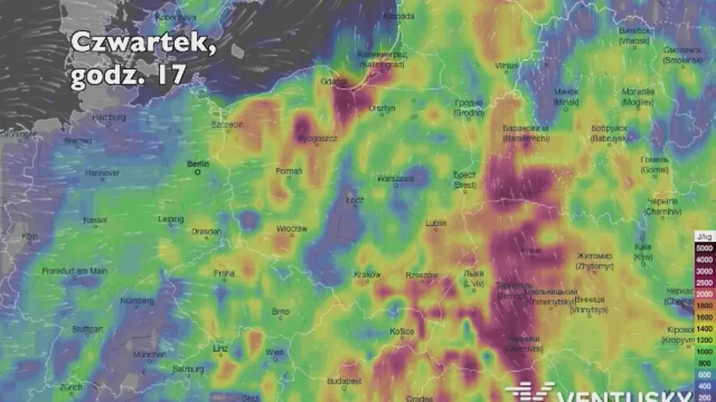 Potencjalne burze w ciągu kolejnych dni (Ventusky