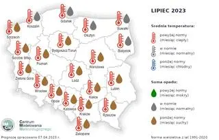 Prognoza średniej miesięcznej temperatury powietrza i miesięcznej sumy opadów atmosferycznych na lipiec 2023 r. dla wybranych miast w Polsce
