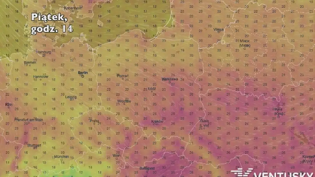 Temperatura w ciągu pięciu dni (Ventusky