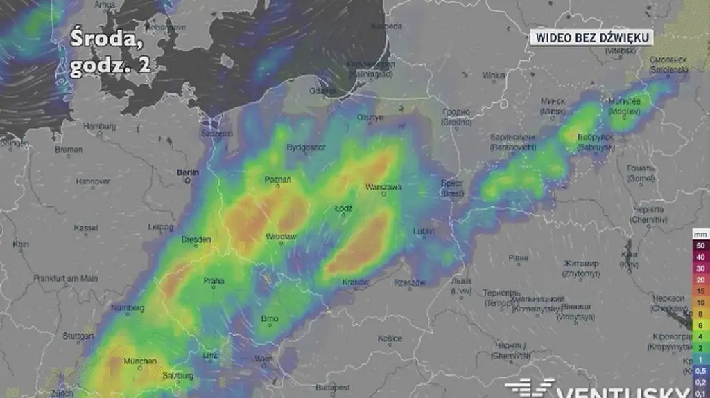 Opady deszczu w ciągu kolejnych pięciu dni (Ventusky