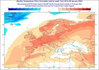Ciepło od 22 do 28 stycznia, prognoza odchylenia temperatury od średniej miesięcznej 