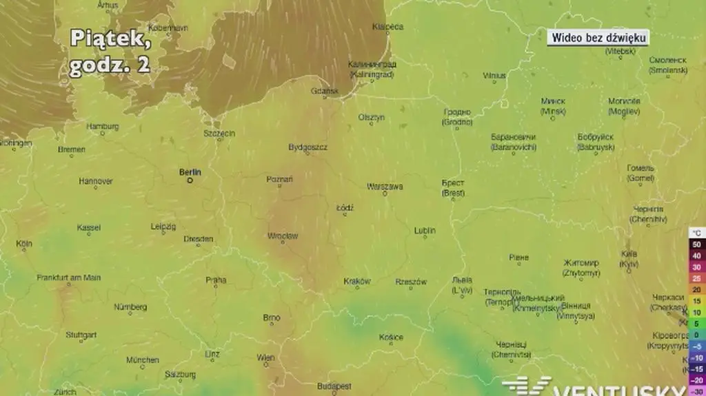 Prognozowana temperatura w następnych dniach (Ventusky