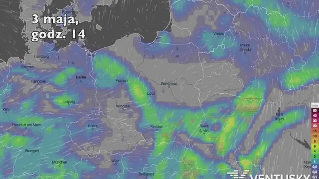 Opady deszczu w pierwszych dniach majowego weekendu (Ventusky