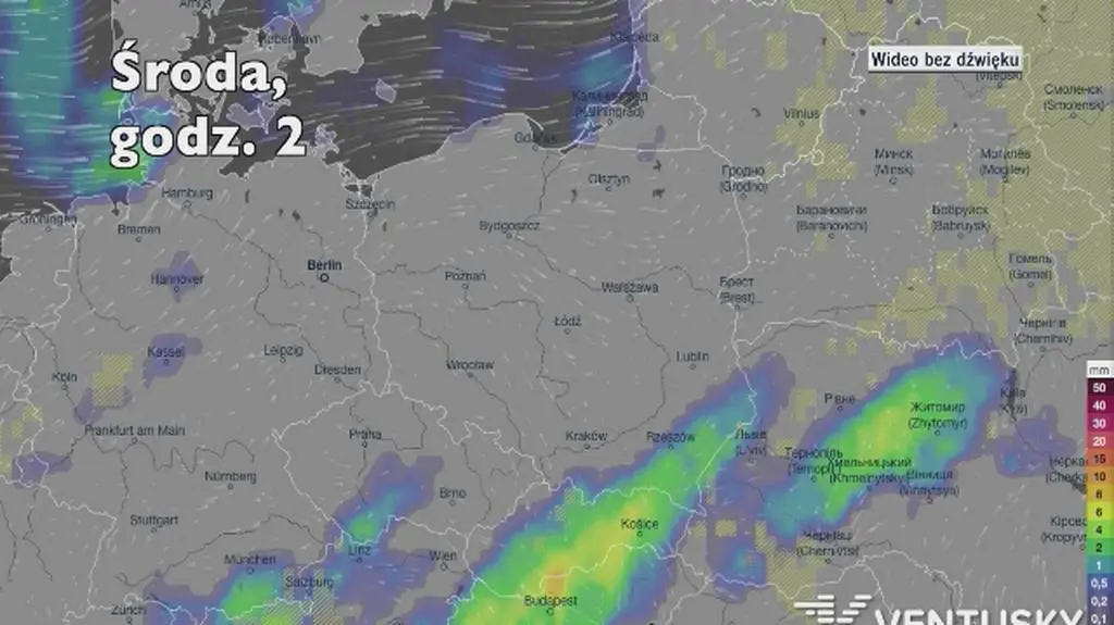Opady deszczu w ciągu kolejnych pięciu dni (Ventusky