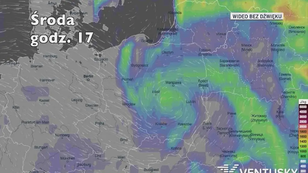Potencjalne miejsca rozwoju burz w najbliższych godzinach (Ventusky