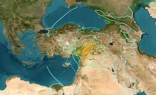 Trzęsienie ziemi w Turcji i Syrii. Błękitne linie wyznaczają obszar, gdzie były odczuwalne wstrząsy. Czerwone linie to granice płyt tektonicznych