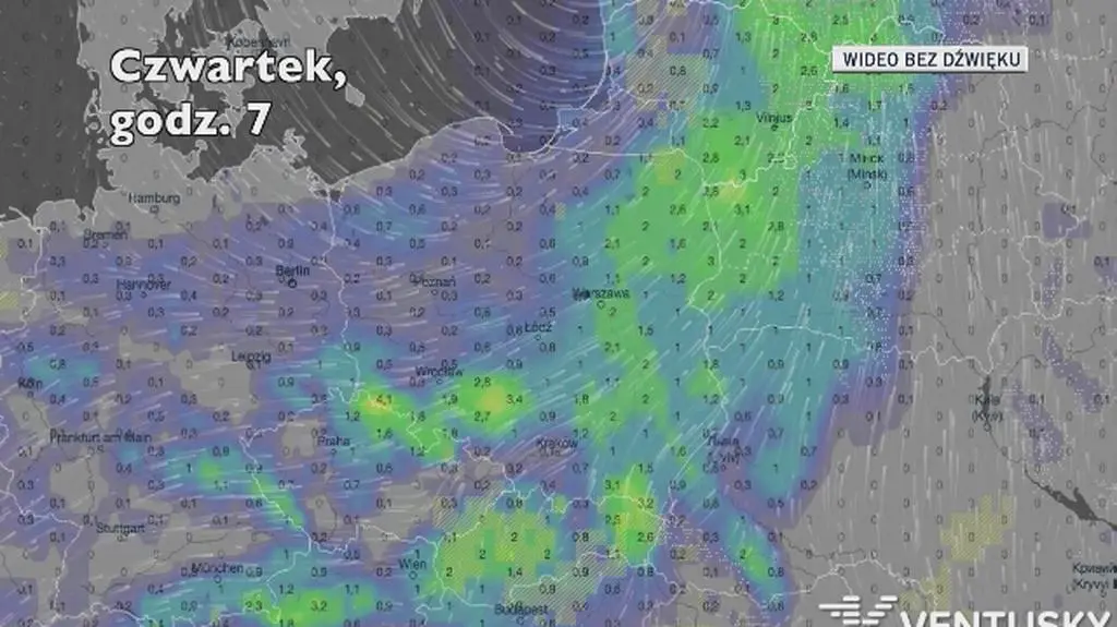Opady deszczu w ciągu kolejnych pięciu dniu (Ventusky
