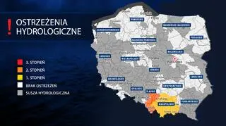 Ostrzeżenia hydrologiczne IMGW. Kolorem szarym oznaczono miejsca z suszą hydrologiczną